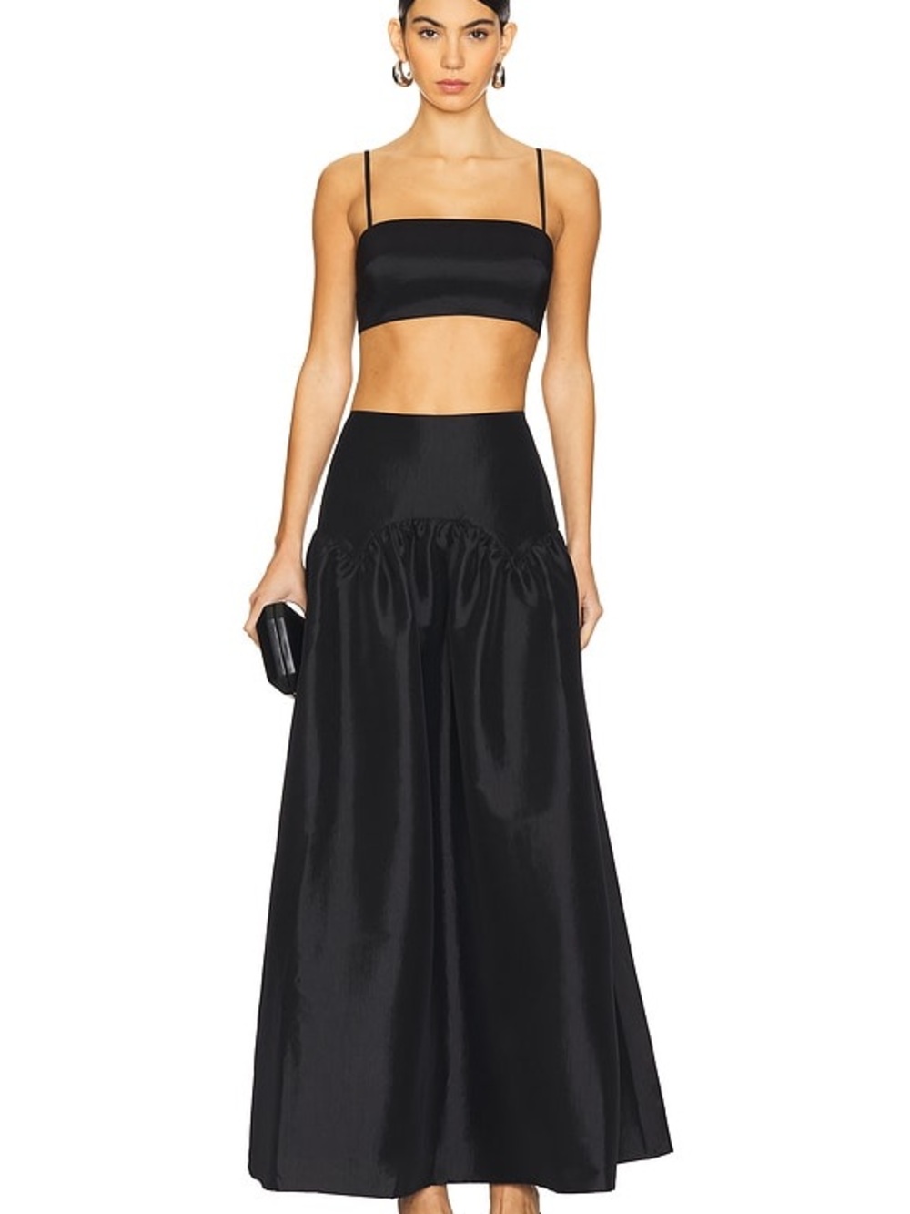 NWT Revolve more to come High-Waist Black Satin Maxi Skirt with Gathered Panel